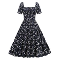 French vintage dark blue square neck floral dress with three-layer tiered skirt - S / Dark Blue