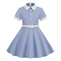 Close-up of the light blue girl dress featuring white Peter Pan collar and waist belt - XS(110CM) / Blue
