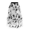 Women's white A-line mesh midi skirt featuring black butterfly embroidery and elastic waist - S / White