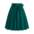 Detail of high waisted dark green A-line skirt with decorative bow belt and pleated hem - S / Green