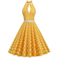Vestido vintage amarillo de lunares estilo años 50 con cuello halter y cinturón blanco - S / Amarillo