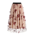 Champagne mesh midi skirt with elegant dark red butterfly and floral embroidery detail - S / Red