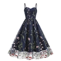 Retro dark blue A-line dress with floral embroidery and sheer mesh overlay - S / Dark Blue
