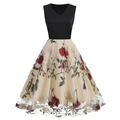 Ärmelloses Retro-Kleid mit V-Ausschnitt, schwarzem Oberteil und floralem Stickerei-Rock - S / Aprikose