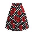 Gonna a trapezio vintage a vita alta con pois neri e stampe floreali di rose rosse - Taglia S / Pois Floreale Rosso
