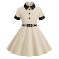 Detail of vintage style girl dress with contrast collar and waist belt on white background - XS(110CM) / Apricot