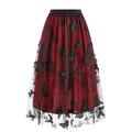 Elegant mesh midi skirt with wine red satin lining and 3D butterfly embroidery - S / Burgundy
