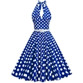 Vestido vintage de lunares con cuello halter, cinturón blanco y falda de línea A - S / Azul