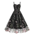 Detail of vibrant floral embroidery on vintage black mesh A-line midi dress fabric - S / Black