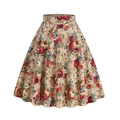 Vintage floral A-line skirt with high waist and colorful retro print on beige fabric - 2XL / Apricot Red Peony