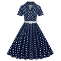 Detail of navy blue polka dot dress featuring a classic collar and white waist belt - S / Navy Blue