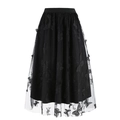 Detail of delicate butterfly embroidery on layered black mesh tulle midi skirt - S / Black