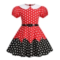 Vestido de niña con lunares rojos y negros, cuello Peter Pan y cinturón fino - 110 / Rojo