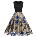 Ärmelloses Vintage-Kleid mit V-Ausschnitt, Blumenstickerei und elegantem Netz-A-Linien-Rock - S / Blau