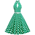 Vestido vintage verde esmeralda con lunares, cuello halter, cinturón blanco y falda acampanada - S / Verde