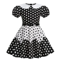 Detalle de vestido para niña de lunares con cuello Peter Pan blanco y cinturón negro fino - 110 / Multicolor