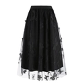 Black mesh midi skirt featuring butterfly embroidery and lightweight double-layer A-line design - Black