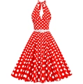 Abito vintage anni '50 a pois rossi stile halter con cintura bianca e gonna a ruota - S / Rosso