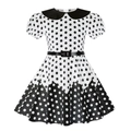 Vestido retro de lunares para niña con cuello Peter Pan y cinturón en fondo blanco - 110 / Blanco