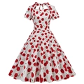 50s vintage A-line white dress with red cherry print, sweetheart neckline and bow tie - S / White