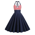 Abito a ruota vintage con scollo all'americana, righe USA e gonna blu navy svasata - S / Stile all'americana a righe rosse (8243)