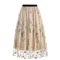 Eleganter taillierter Mesh-Midirock mit Vintage-Blumenstickerei auf Tüll für Damen - S / Aprikose