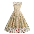 Vintage sleeveless A-line dress with red floral embroidery on champagne mesh fabric - M / Apricot