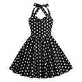 Detail of vintage Audrey Hepburn style polka dot dress with halter neck and bow accent - 110cm(xs) / Black
