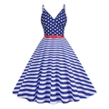 Abito retrò scollo a V stampa bandiera USA con cintura rossa e motivo a stelle - S / Stile a strisce di stelle blu con cintura (8242)