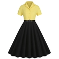 Vintage Hepburn φόρεμα δεκαετίας του '50 με λαιμόκοψη V και κίτρινο-μαύρο σχέδιο - S / Κίτρινο