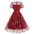 Intricate floral embroidery detail on dark red mesh fabric for vintage dress - S / Red