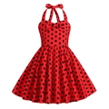 Detail des roten Rockabilly-Kleides mit schwarzen Punkten, Neckholder und Schleifen - 110cm(xs) / Rot Schwarz Punktiert