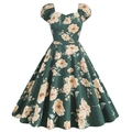 Vintage dark green floral dress with heart neck and puff sleeves in retro 1950s style - S / Dark Green