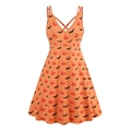 V-neck Halloween A-line dress featuring orange pumpkin and black bat prints with cross straps - S / Pumpkin Bat Print (Yellow/Orange)