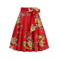 Dettaglio gonna a trapezio rossa a fiori con vita alta e stampa tropicale vivace - S / Rosso Floreale