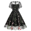 Detailed close-up of intricate floral embroidery on black mesh retro evening dress - S / Black