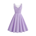 Elegantes lavendelfarbenes ärmelloses Kleid mit Spitzen-V-Ausschnitt und Faltenrock - L / Lila