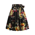 Detail of high-waist A-line skirt featuring vibrant floral patterns and bow-knot belt - S / Floral Black 2