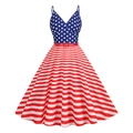 Abito retrò a trapezio con scollo a V, stampa bandiera USA e strisce per l'Independence Day - S / Stile a strisce di stelle rosse con cintura (8242)