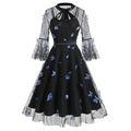 Gothic black mesh dress featuring blue butterfly appliques and a bow tie high neck - Blue Butterfly