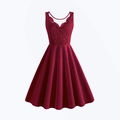 Elegant wine red V-neck sleeveless lace dress with pleated A-line skirt for parties - S / Burgundy