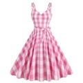 Vintage pink gingham sleeveless A-line dress with sweetheart neckline and bow belt - S / Pink