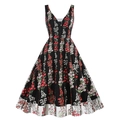 Elegant V-neck sleeveless black A-line dress with red floral embroidery and mesh hem - S / Black