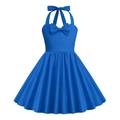 Detail of royal blue halter neck dress with large bow accents and 1950s swing style - 110cm(xs) / Blue