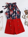 Women's two-piece summer set with floral halter top and red high-waist button shorts - M / Navy Blue Printed Style