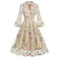 Champagne floral embroidery mesh midi dress with bell sleeves and elegant bow tie neck - S / Apricot Seaweed Embroidery
