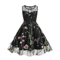 Elegantes ärmelloses schwarzes A-Linien-Kleid mit Blumenstickerei und Netz-Ausschnitt - Schwarz / 160