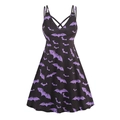 Gothic V-neck sleeveless Halloween dress with purple bat print and lace-up chest detail - XL / Purple Bat Print (Black/Purple)
