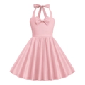 Detail of pink vintage halter neck dress with bow tie collar and pleated A-line skirt - 110cm(xs) / Pink