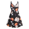 Gothic Halloween V-neck sleeveless dress with pumpkin, ghost, and skull all-over print - S / Halloween Pumpkin Ghost Print (Black)